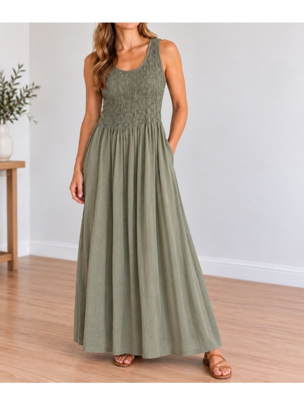Basement USA Inc Sage Green Smocked Maxi Dress Sleeveless Boho Cottagecore